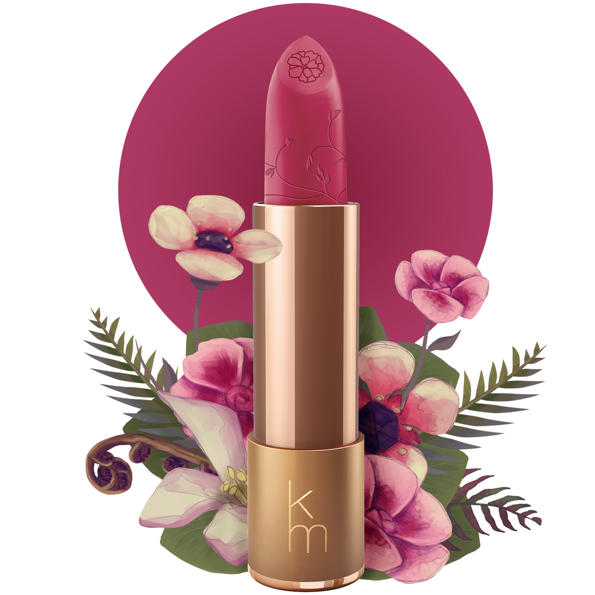 A pink natural lipstick with a floral design, displayed in a rose gold colored tube, with the brand's logo 'km' at the bottom, set against a background with a floral motif.