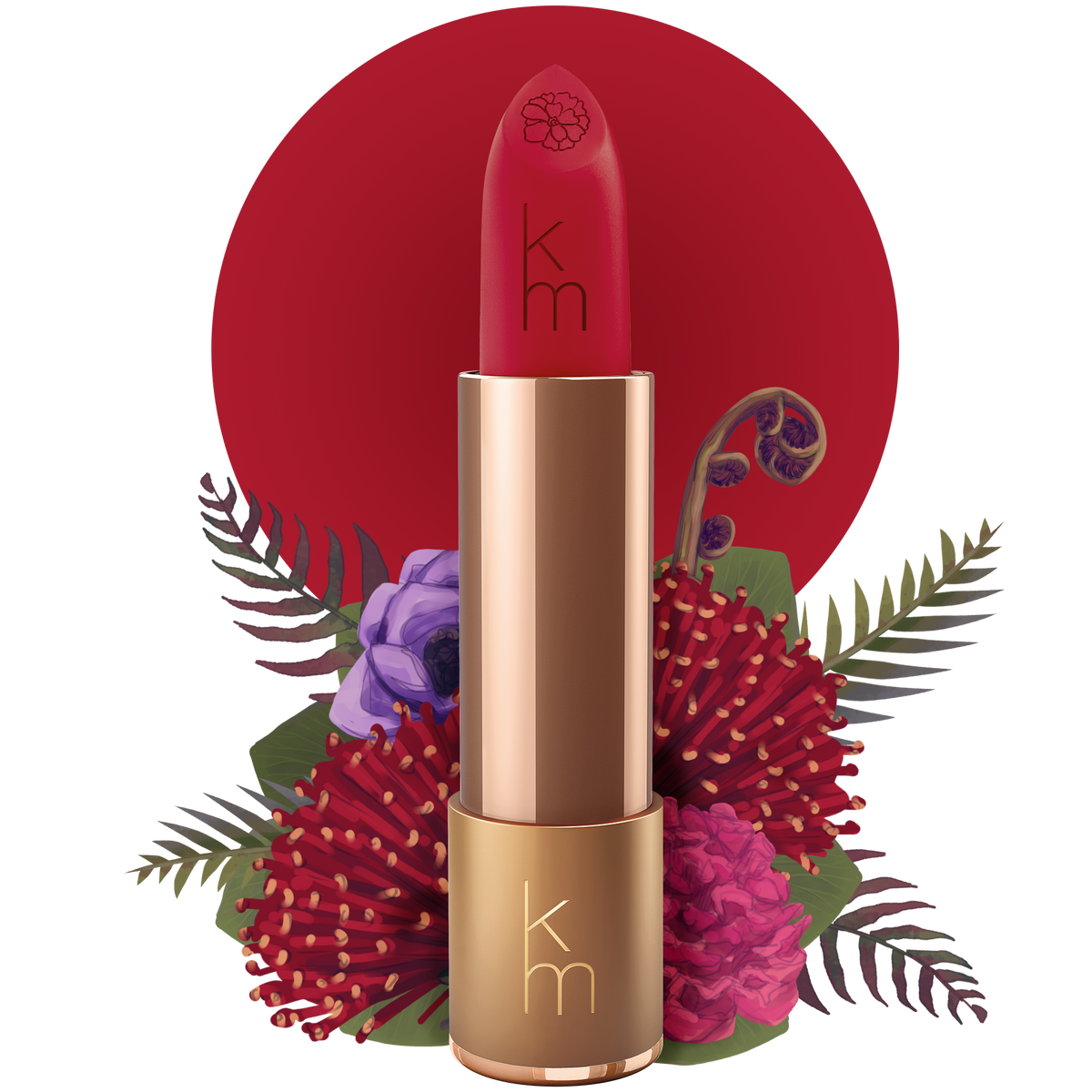 Red lipstick with gold cap on a white background with floral elements