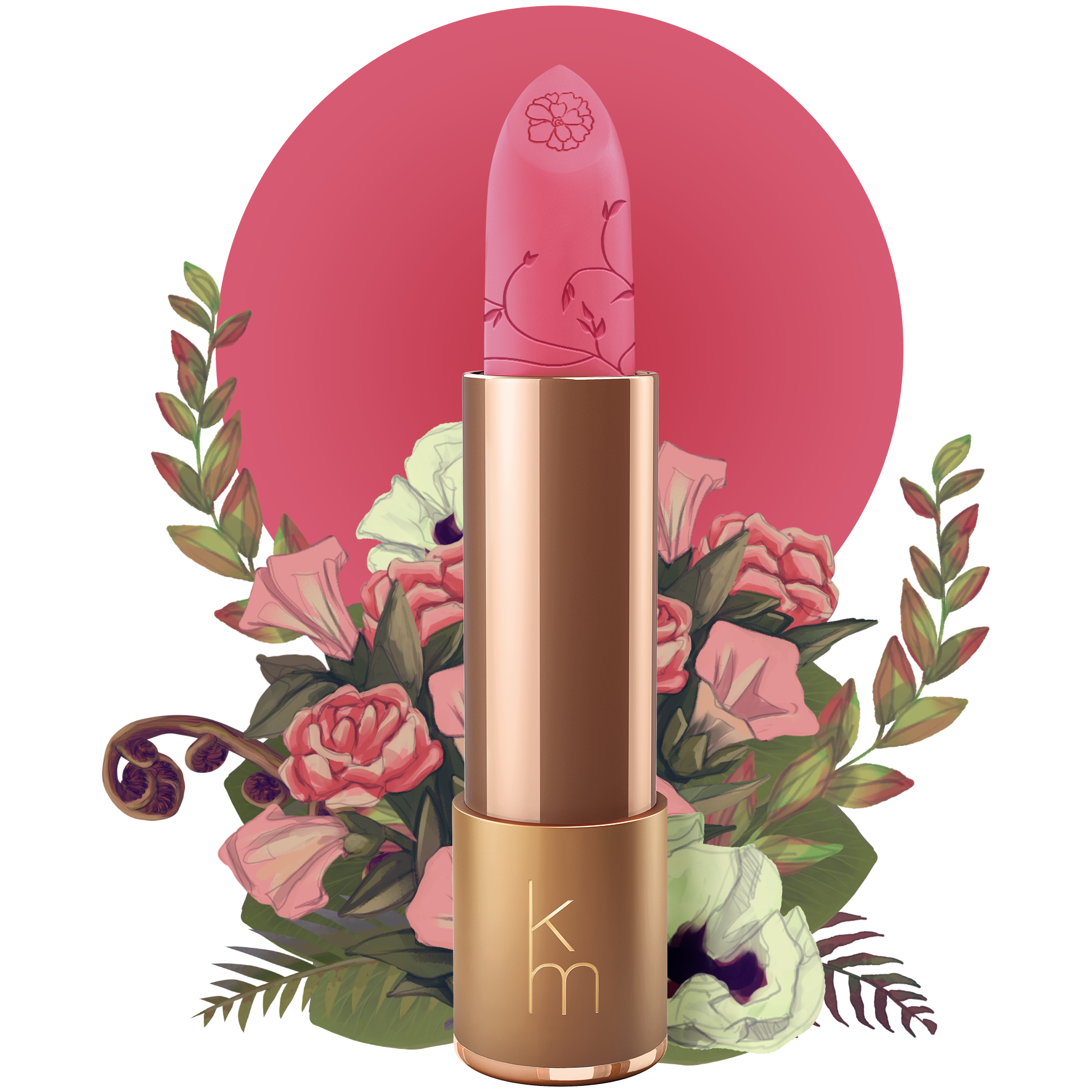 Lipstick with floral design and pink background