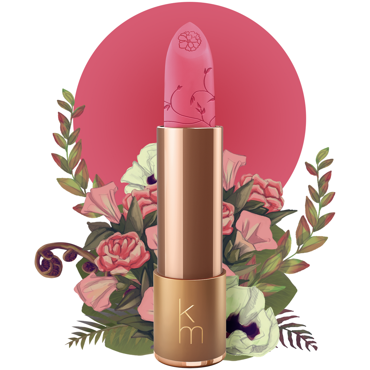 Lipstick with floral design and pink background