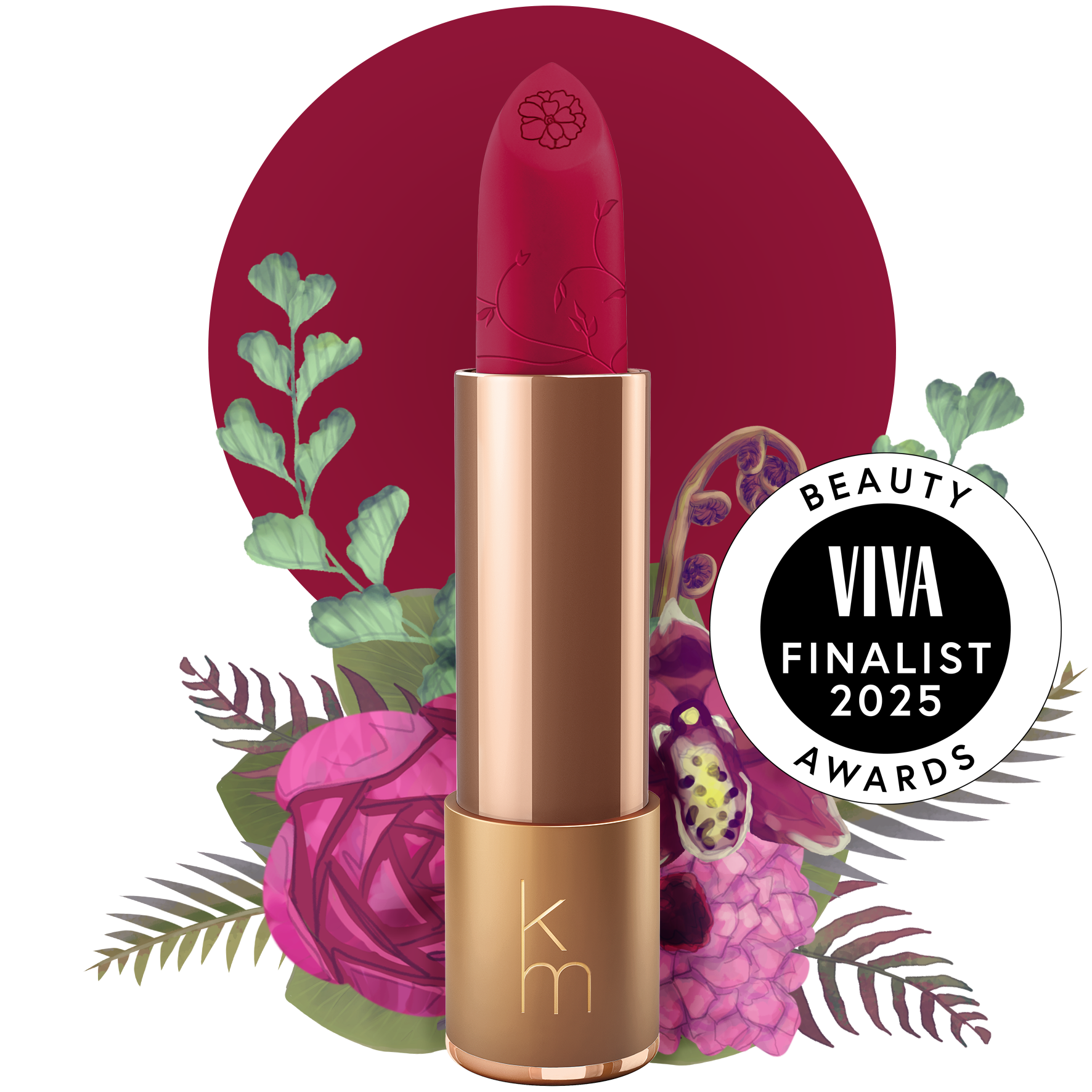 PINK lipstick with gold cap on a white background, surrounded by flowers and leaves, with VIVA Beauty Awards finalist badge.