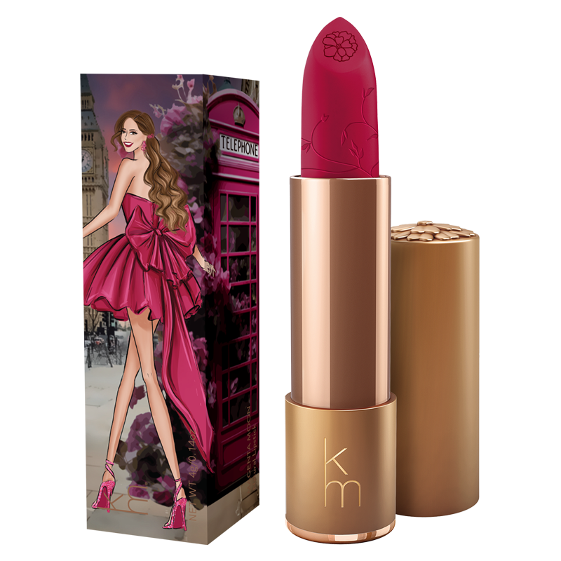 Pink lipstick with bronze casing and matching packaging featuring a woman in a pink dress.