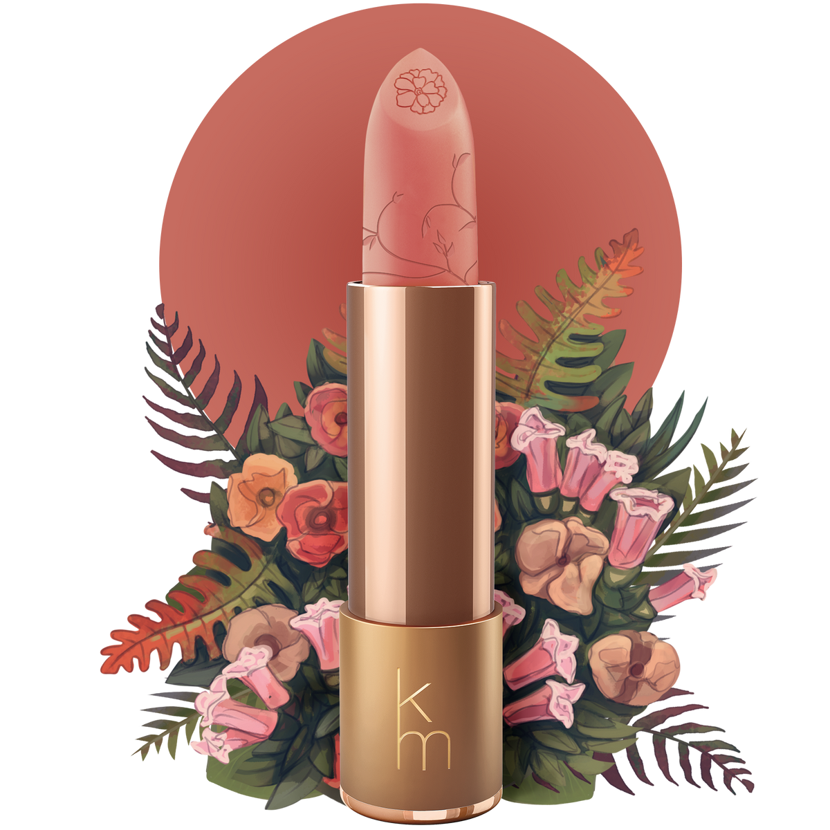 Nude Lipstick with floral design and 'km' logo on a white background