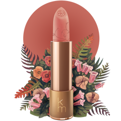 Nude Lipstick with floral design and 'km' logo on a white background