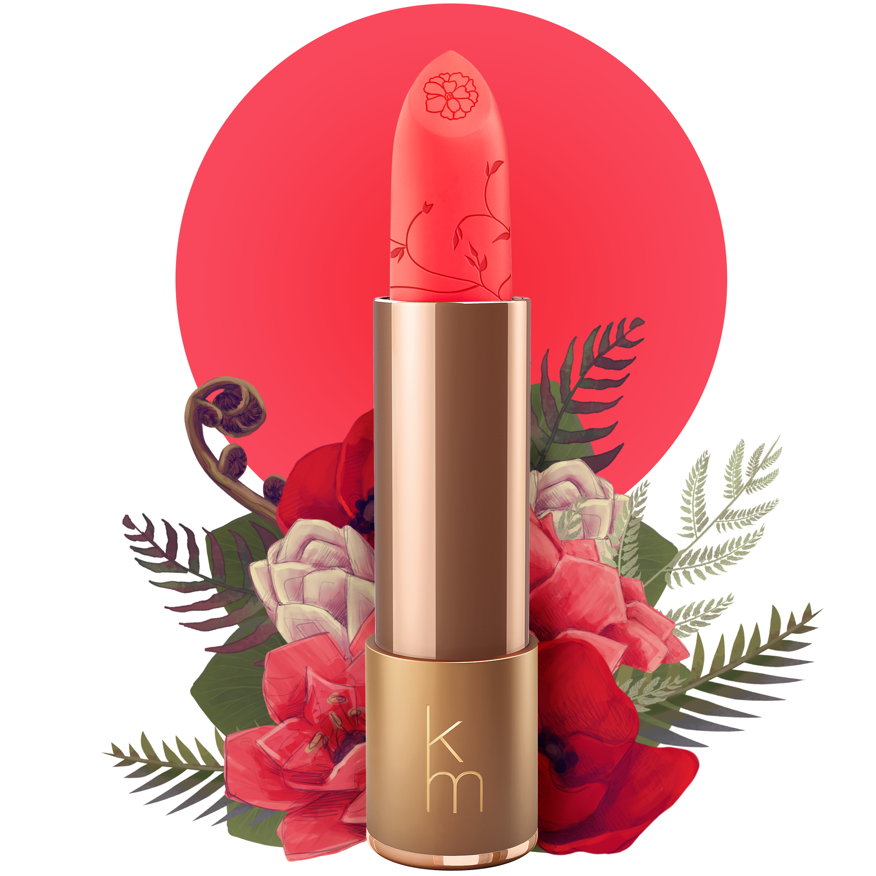 A gold-colored lipstick tube with a floral pattern on the lid, the color of the lipstick is described as a bright and bold fuchsia with red undertones, reminiscent of a passion flower.