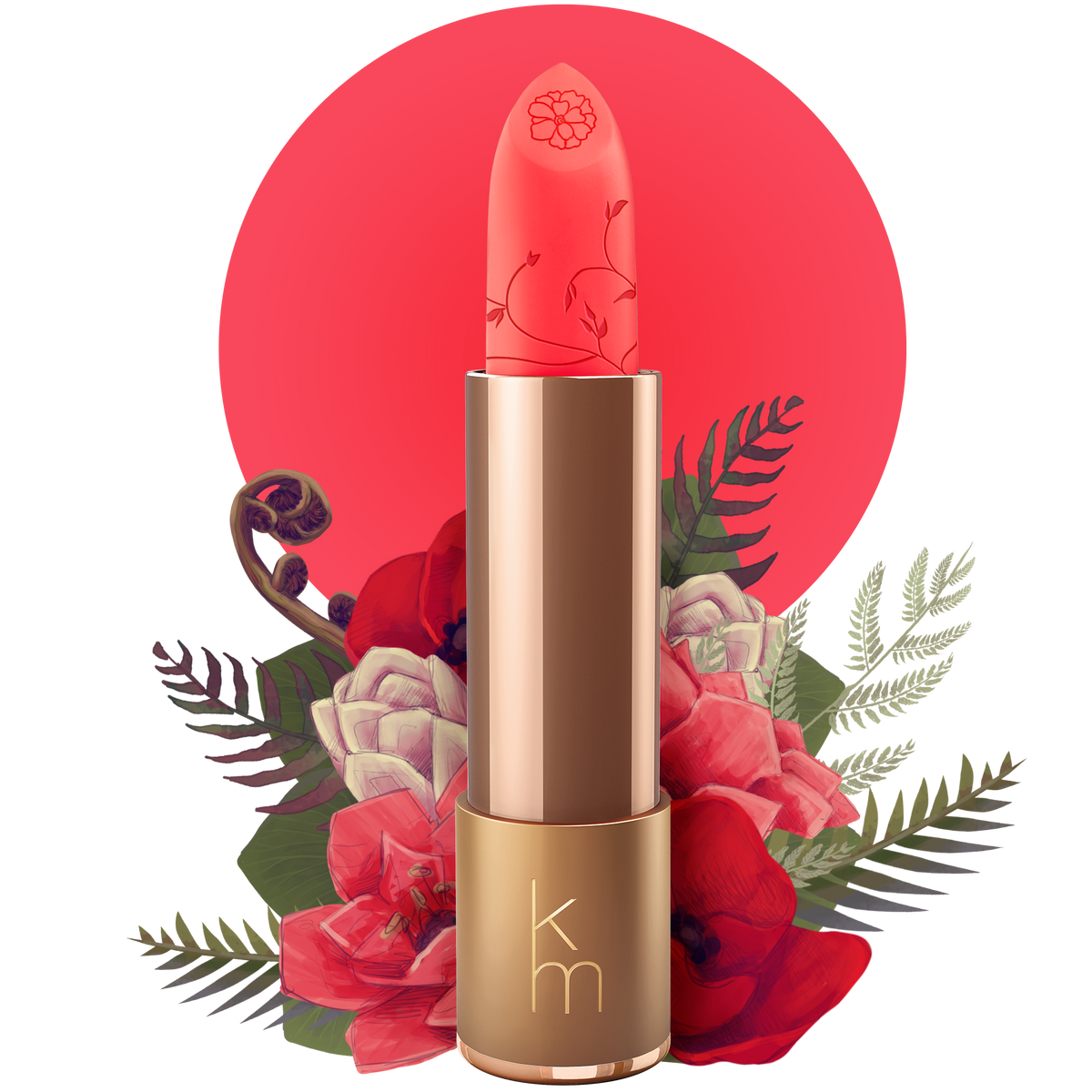 A gold-colored lipstick tube with a floral pattern on the lid, the color of the lipstick is described as a bright and bold fuchsia with red undertones, reminiscent of a passion flower.
