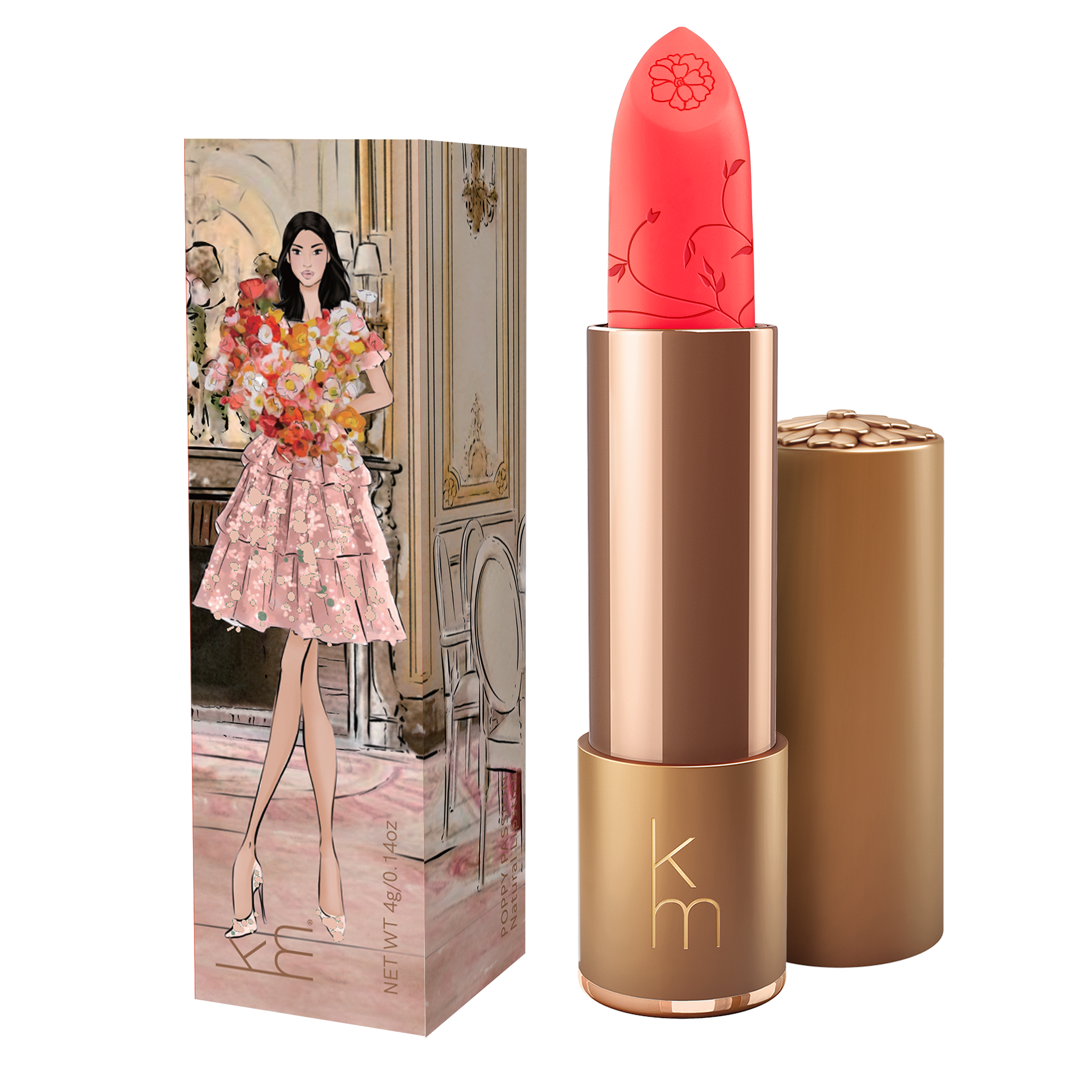 Bright coral coloured lipstick in gold case. box with girl holding a bunch of poppy flowers 