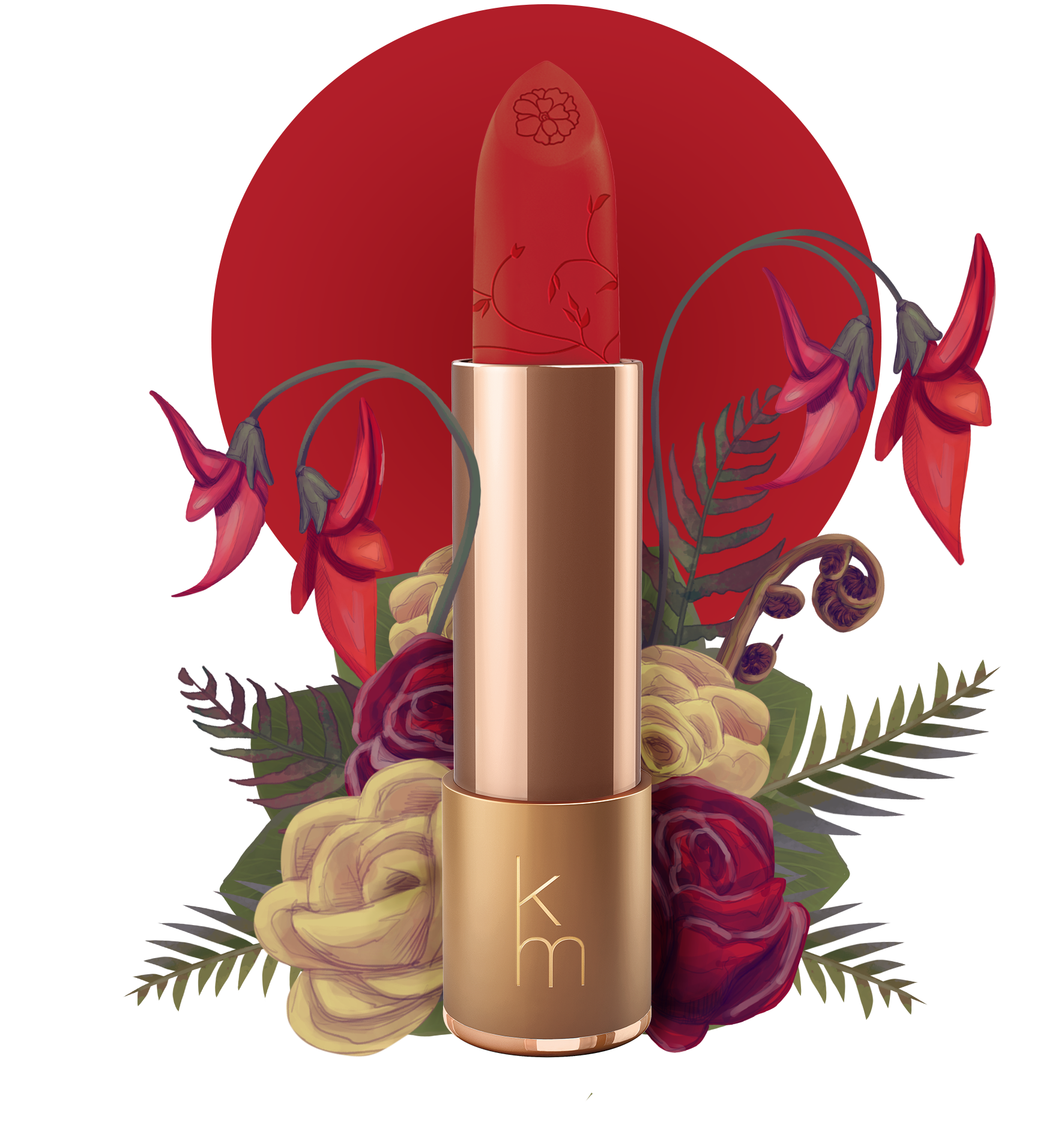 A digital illustration of a natural lipstick with a blue-based red color, presented in a rose gold tube. The background features a stylized floral design with red and yellow flowers.