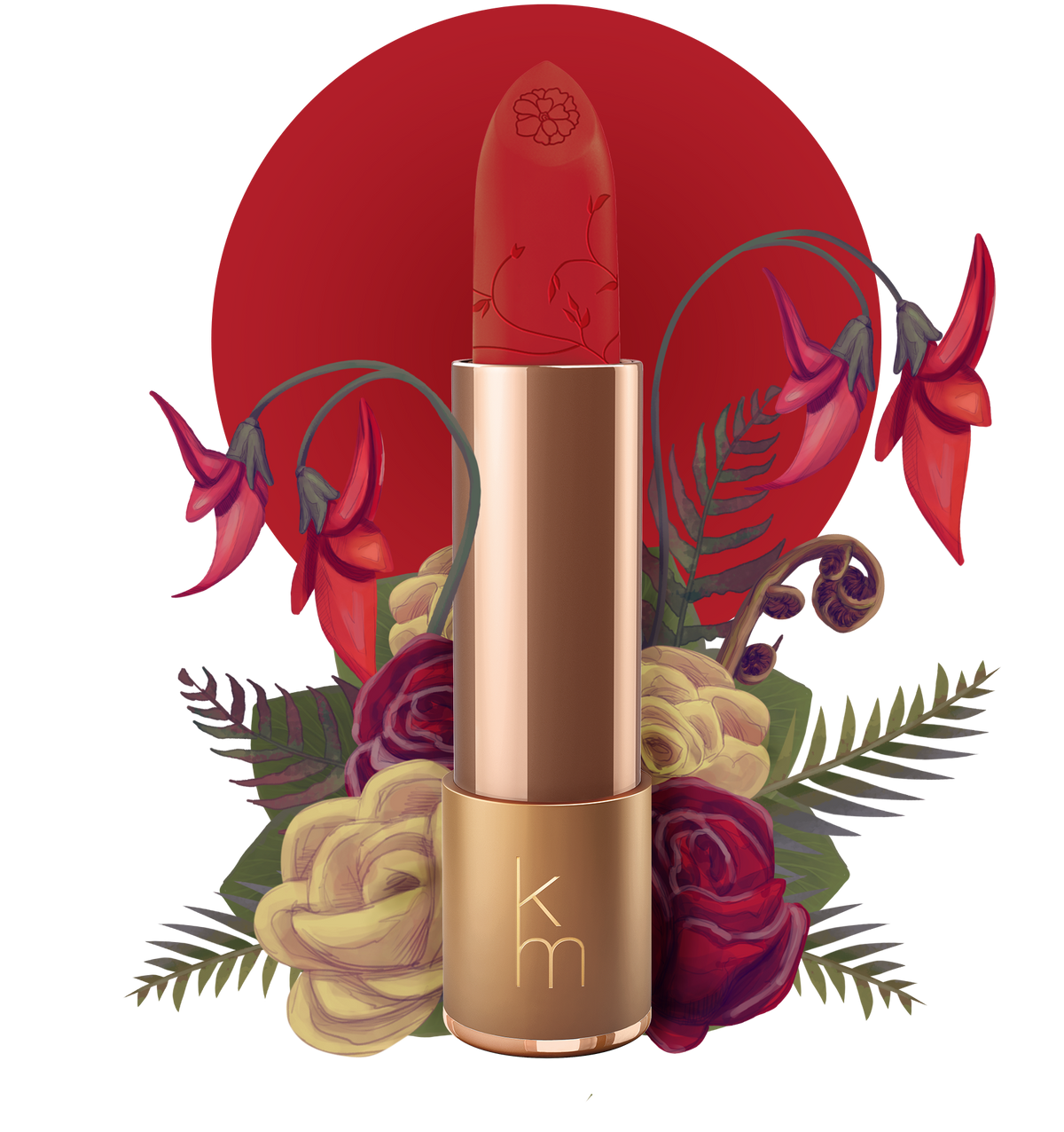 A digital illustration of a natural lipstick with a blue-based red color, presented in a rose gold tube. The background features a stylized floral design with red and yellow flowers.