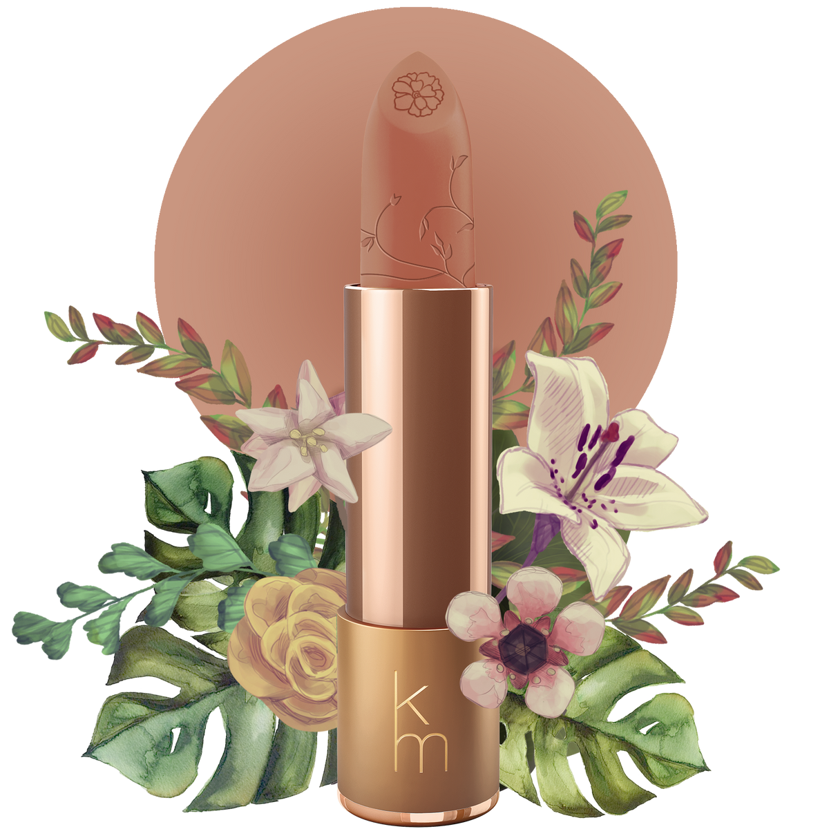 nude  lipstick with floral and leaf design on a white background