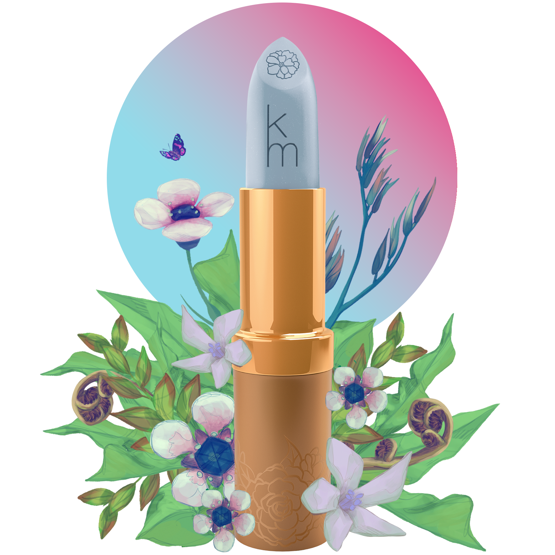 Lipstick with floral and nature-themed design on a white background