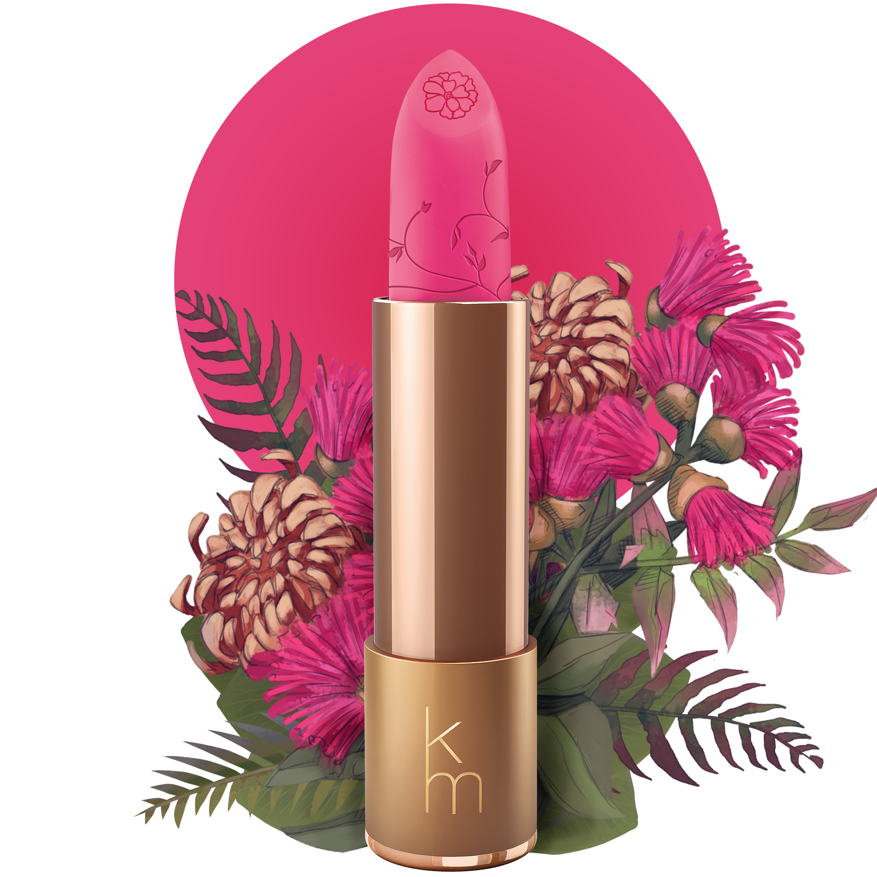 A gold-colored tube of natural lipstick with a pink label, displayed in front of a floral background.
