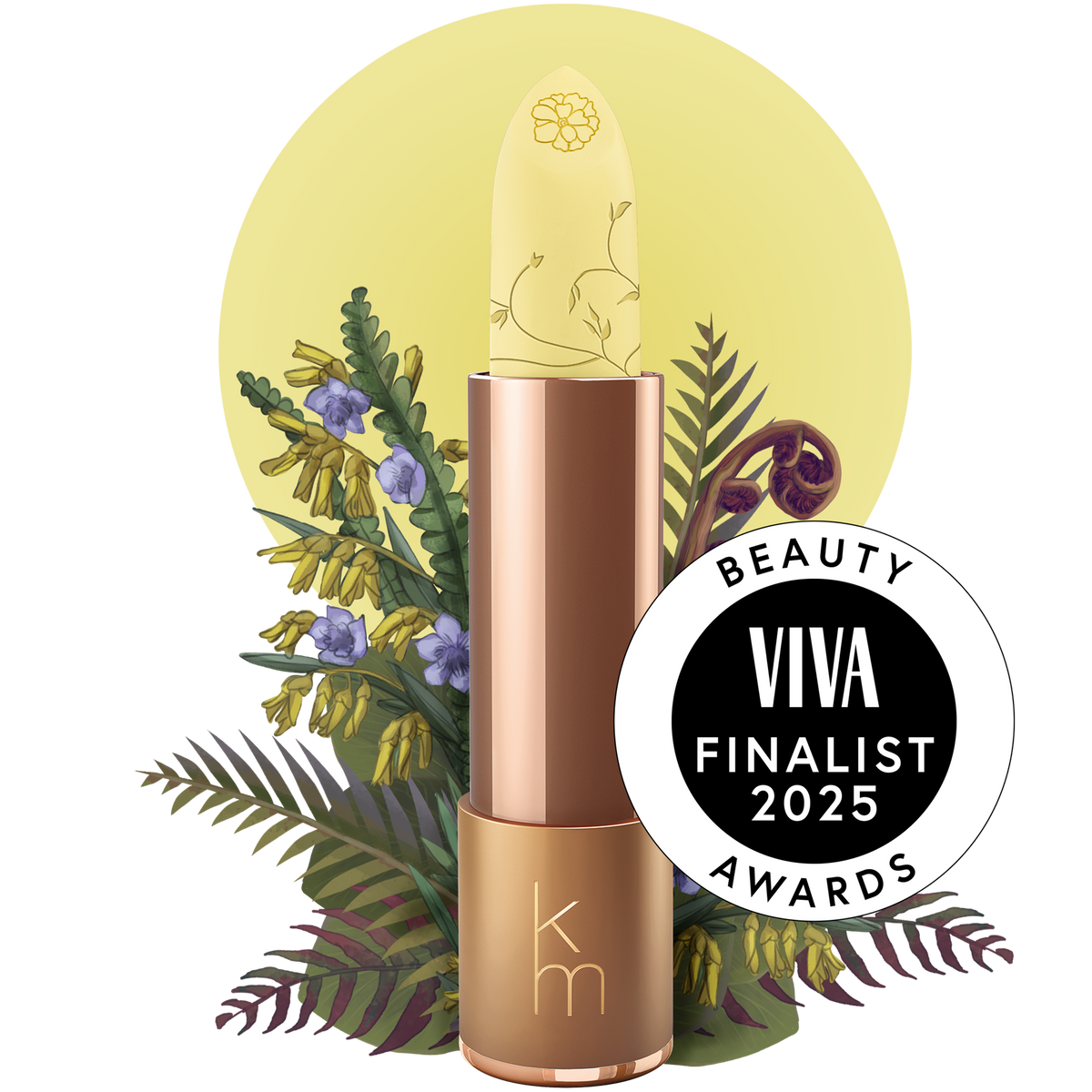 A colorless lip balm stick with the Karen Murrell brand logo, displayed against a backdrop with floral elements and a 'VIVA Finalist 2025 Beauty Awards' seal.