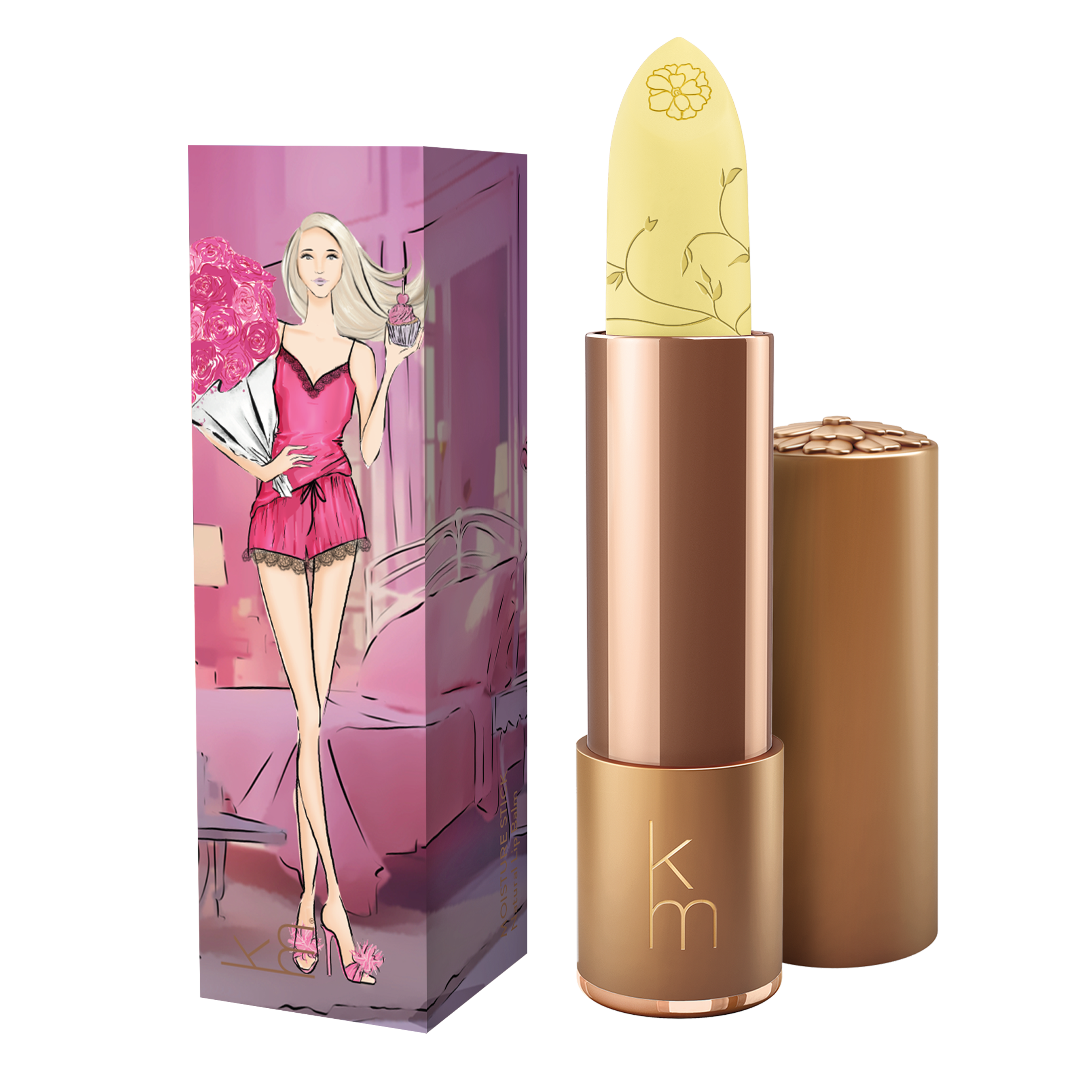 A colorless lip balm stick with the Karen Murrell brand logo, displayed against a backdrop with floral elements and a 'VIVA Finalist 2025 Beauty Awards' seal.