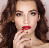 Model wearing Red Shimmer all  natural lipstick