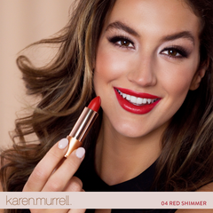 model wearing bright red shimmer 
lipstick